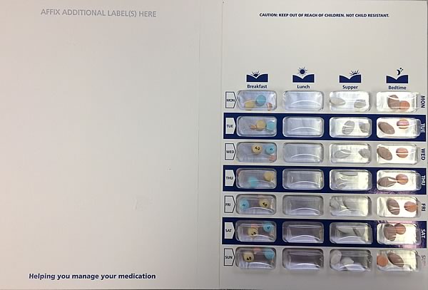 The pharmacy creates these blister packs for the patient which consist of the days of the week and the time they are designed to be taken: morning, noon, dinner, and evening. 